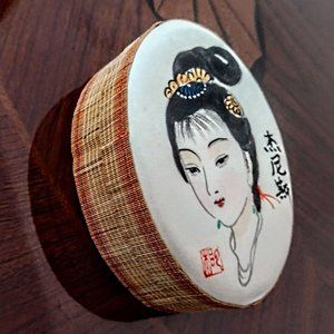 Oriental Asian Hand-Painted Silk on Oval, Lined Bamboo Trinket Box ~ Vintage